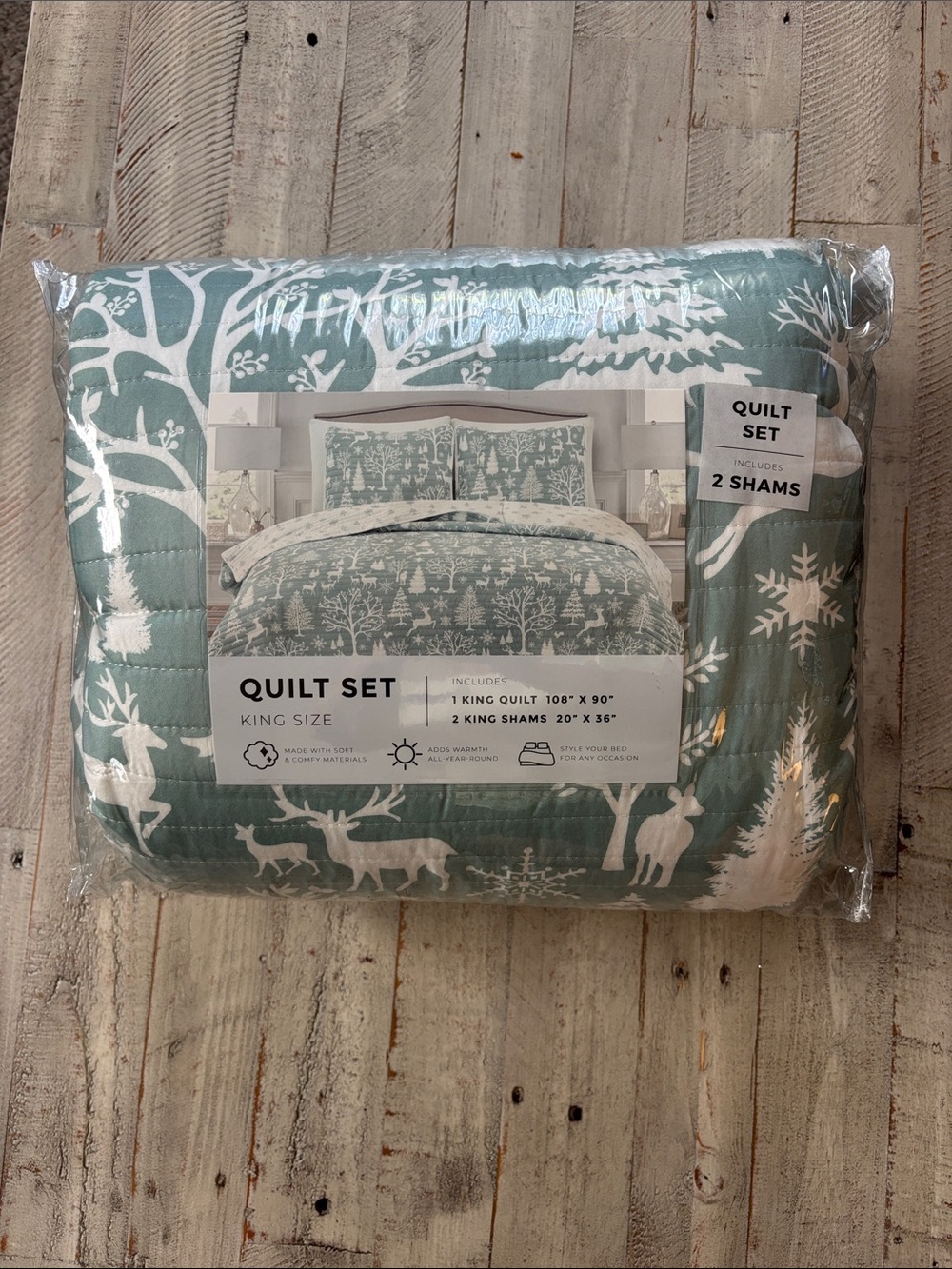 Winter Enchanted Woods Quilt Set Sage Green Woodland Pattern (Includes 2 Shams)